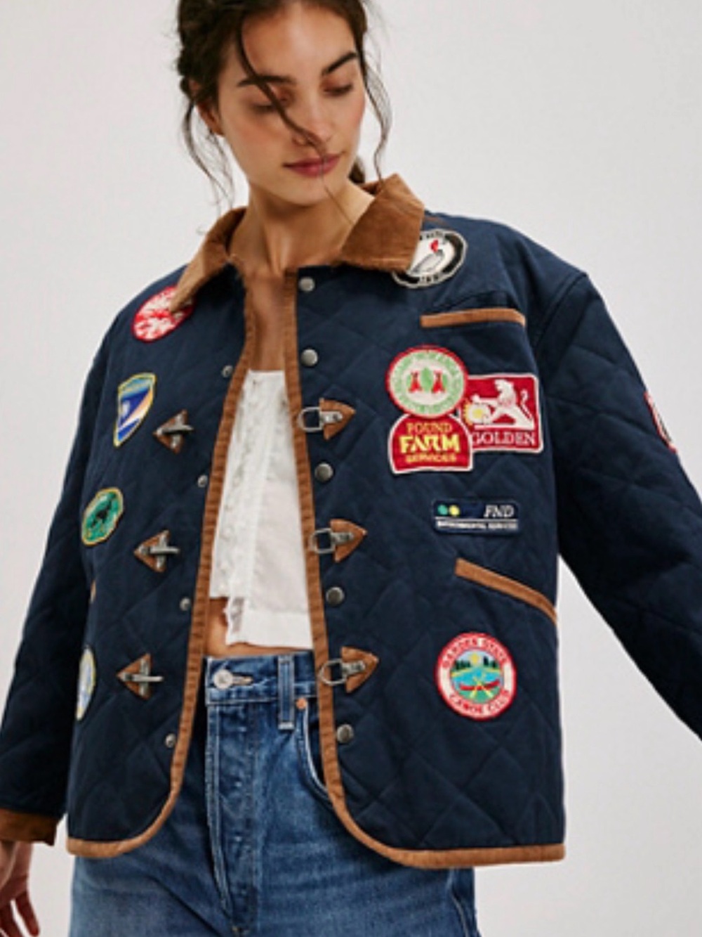 Quilted Navy Utility Jacket with Contrast Trim and Patchwork